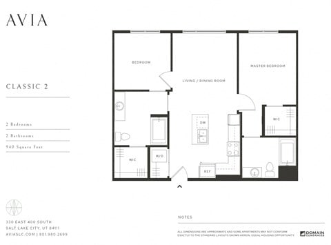 Floor plan for 2 beds, 2 baths, 940 sqft